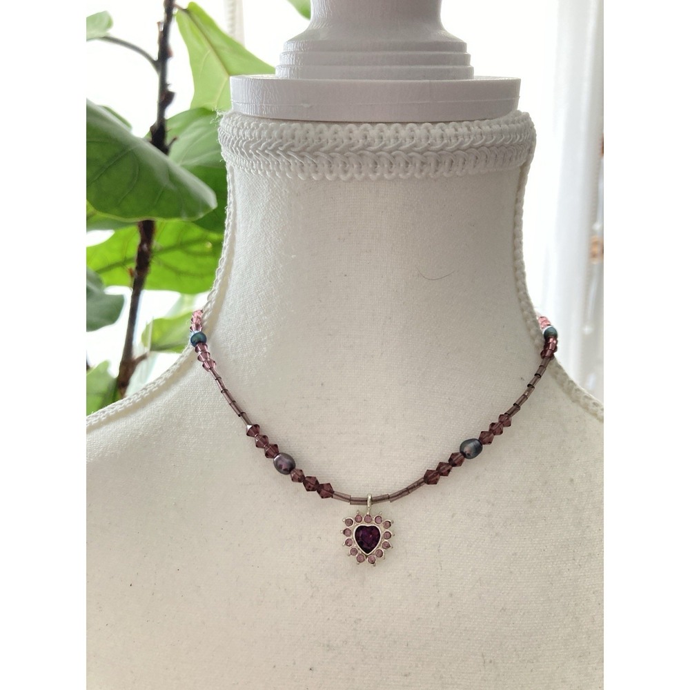 Purple Beaded Heart Pendant Necklace Pink Rhinestone Accent Romantic Choker